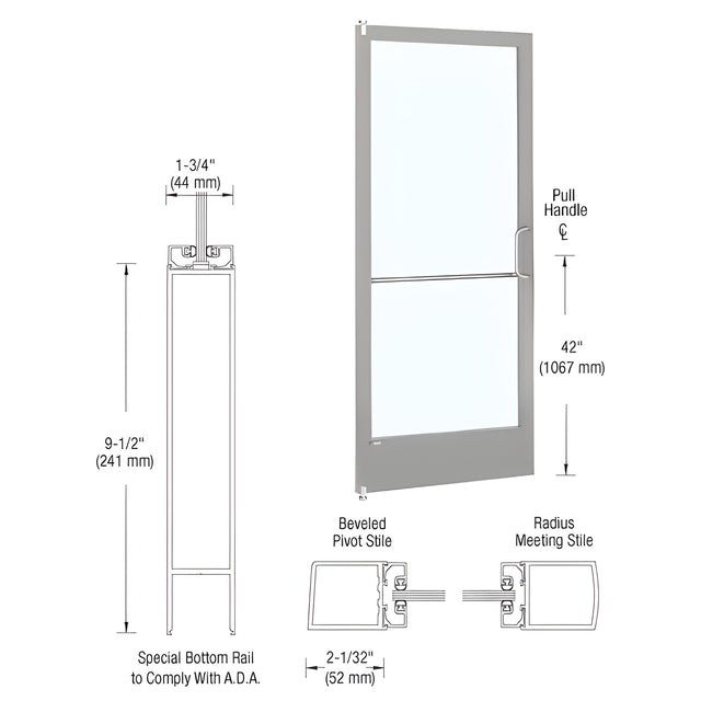 CRL-U.S. Aluminum Clear Anodized 250 Series Narrow Stile Inactive Leaf of Pair 3'0 x 7'0 Offset Hung with Pivots for Surface Mount Closer Complete ADA Door with Lock Indicator, Cylinder Guard - for 1" Glazing