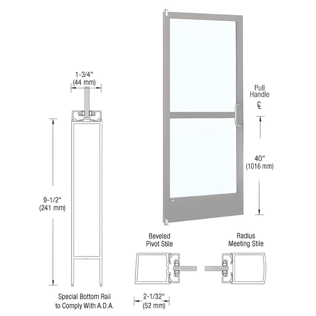 CRL-U.S. Aluminum Clear Anodized 250 Series Narrow Stile Inactive Leaf of Pair 3'0 x 7'0 Offset Hung with Pivots for Surface Mount Closer Complete Panic Door for 1" Glass with Standard Panic and 9-1/2" Bottom Rail