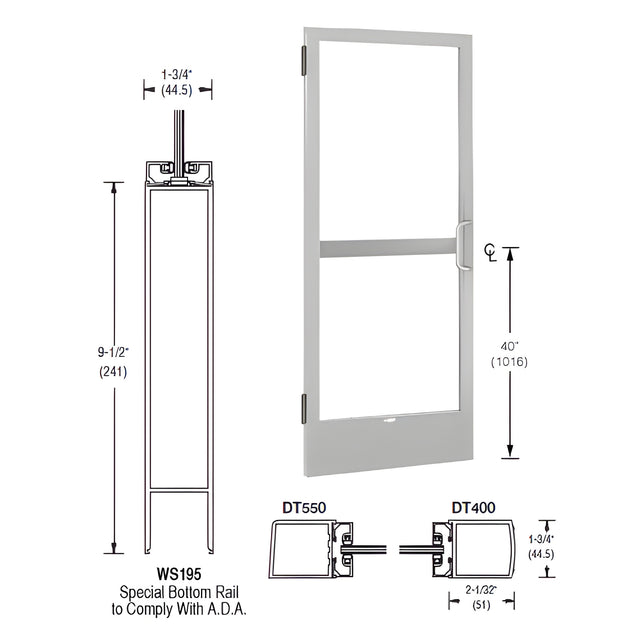 CRL-U.S. Aluminum Clear Anodized 250 Series Narrow Stile Inactive Leaf of Pair 3'0 x 7'0 Offset Hung with Butt Hinges for Surface Mount Closer Complete Panic Door for 1" Glass with Standard Panic and 9-1/2" Bottom Rail