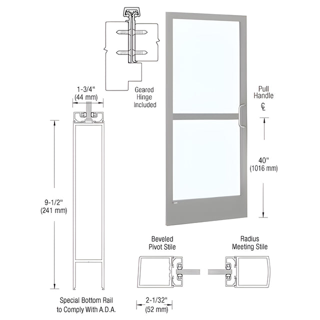 CRL-U.S. Aluminum Clear Anodized 250 Series Narrow Stile Inactive Leaf of Pair 3'0 x 7'0 Offset Hung with Geared Hinged Complete Panic Door for 1" Glass with Standard Panic and 9-1/2" Bottom Rail