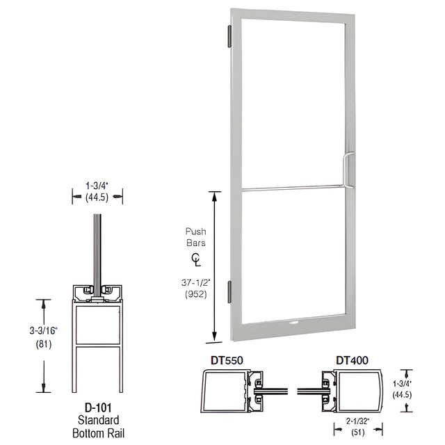 CRL-U.S. Aluminum Clear Anodized 250 Series Narrow Stile Inactive Leaf of Pair 3'0 x 7'0 Offset Hung with Butt Hinges for Surf Mount Closer Complete Door for 1" Glass with Standard MS Lock and Bottom Rail