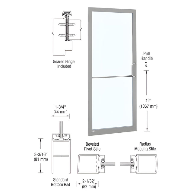 CRL-U.S. Aluminum Clear Anodized 250 Series Narrow Stile Inactive Leaf of Pair 3'0 x 7'0 Offset Hung with Geared Hinged Complete Door for 1" Glass with Standard MS Lock and Bottom Rail