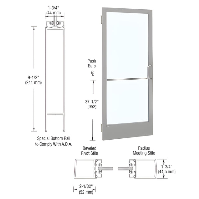 CRL-U.S. Aluminum Clear Anodized 250 Series Narrow Stile Inactive Leaf of Pair 3'0 x 7'0 Offset Hung with Butt Hinges for Surf Mount Closer Complete Door Std. Lock and 9-1/2" Bottom Rail for 1" Glass with Standard MS Lock and Bottom Rail