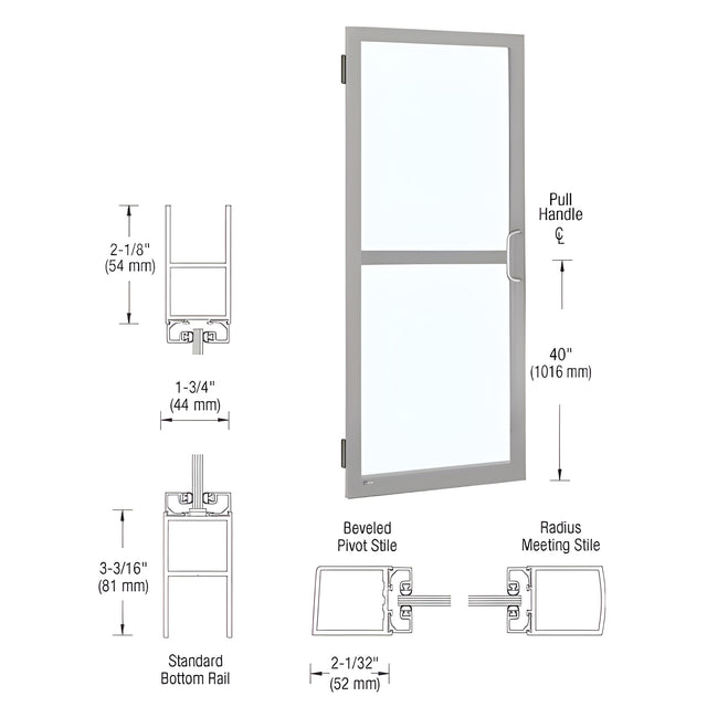 CRL-U.S. Aluminum Clear Anodized 250 Series Narrow Stile Inactive Leaf of Pair 3'0 x 7'0 Offset Hung with Butt Hinges for Surf Mount Closer Complete Panic Door for 1" Glass with Standard MS Lock and Bottom Rail