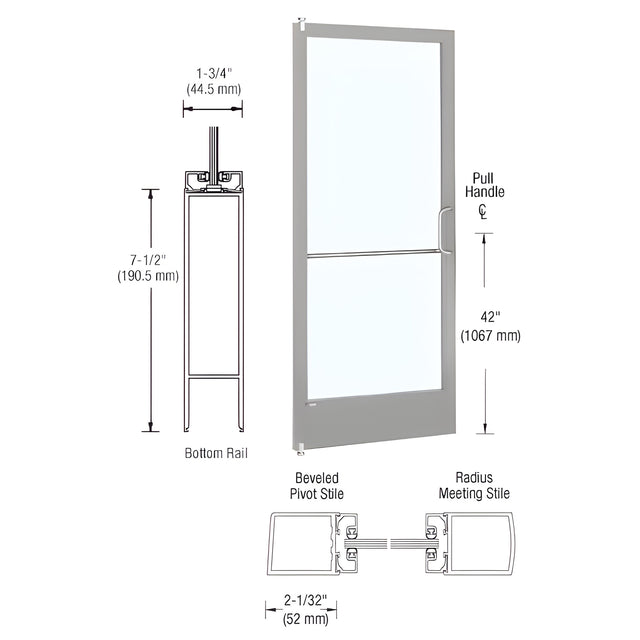 CRL-U.S. Aluminum Clear Anodized 250 Series Narrow Stile Inactive Leaf of Pair 3'0 x 7'0 Offset Hung with Pivots for Surf Mount Closer Complete Door for 1" Glass with Standard MS Lock, 7-1/2" Standard Bottom Rail