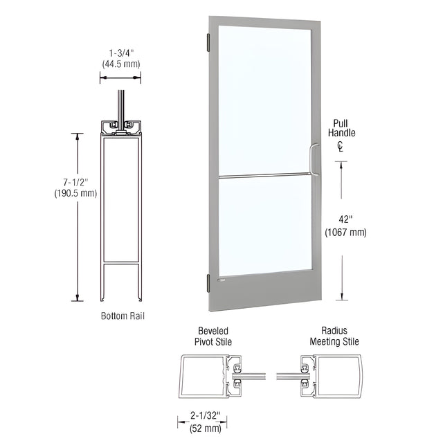 CRL-U.S. Aluminum Clear Anodized 250 Series Narrow Stile Inactive Leaf of Pair 3'0 x 7'0 Offset Hung with Butt Hinges for Surf Mount Closer Complete Door for 1" Glass with Standard MS Lock, 7-1/2" Standard Bottom Rail