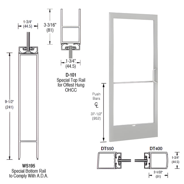 CRL-U.S. Aluminum Clear Anodized 250 Series Narrow Stile Inactive Leaf of Pair Offset Hung with Offset Pivots for OHCC 105º Closer Complete ADA Door(s) with Lock Indicator, Cylinder Guard