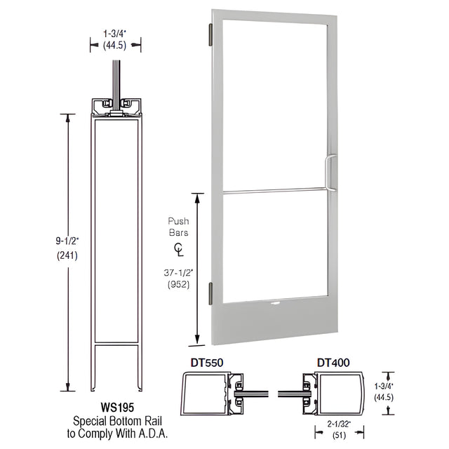 CRL-U.S. Aluminum Clear Anodized 250 Series Narrow Stile Inactive Leaf of Pair 3'0 x 7'0 Offset Hung with Butt Hinges for Surface Mount Closer Complete ADA Door(s) with Lock Indicator, Cylinder Guard - for 1/4" Glazing