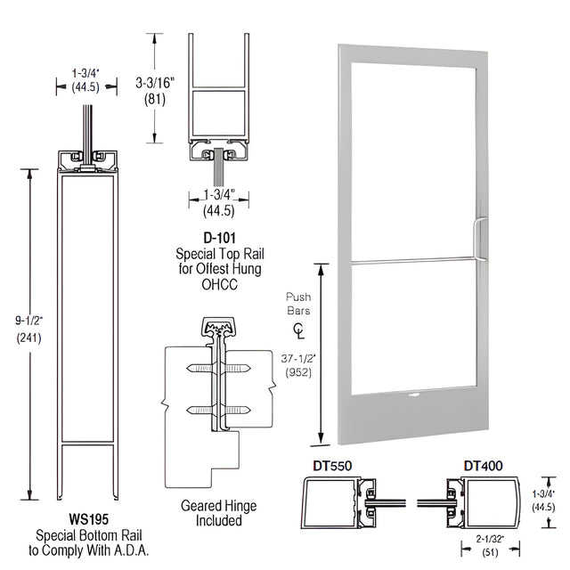 CRL-U.S. Aluminum Clear Anodized 250 Series Narrow Stile Inactive Leaf of Pair Offset Hung with Geared Hinged for OHCC 105º Closer Complete ADA Door(s) with Lock Indicator, Cyl Guard