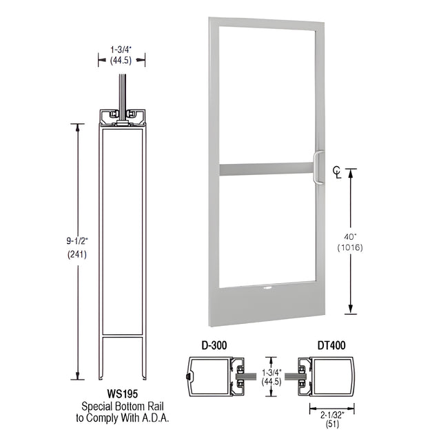 CRL-U.S. Aluminum Clear Anodized 250 Series Narrow Stile Inactive Leaf of Pair 3'0 x 7'0 Center Hung for OHCC with Standard Push Bars Complete Panic Door with Standard Panic and 9-1/2" Bottom Rail