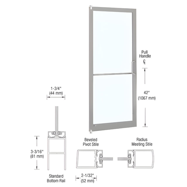 CRL-U.S. Aluminum Clear Anodized 250 Series Narrow Stile Inactive Leaf of Pair 3'0 x 7'0 Offset Hung with Pivots for Surf Mount Closer Complete Door Std. MS Lock & Bottom Rail