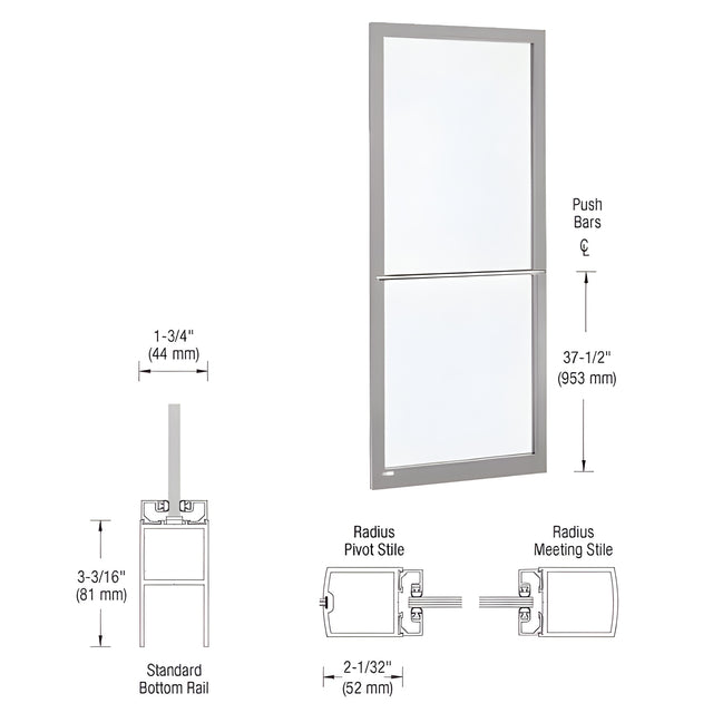 CRL-U.S. Aluminum Clear Anodized 250 Series Narrow Stile Inactive Leaf of Pair 3'0 x 7'0 Center Hung for OHCC w/Standard Push Bars Complete Door Std. MS Lock & Bottom Rail