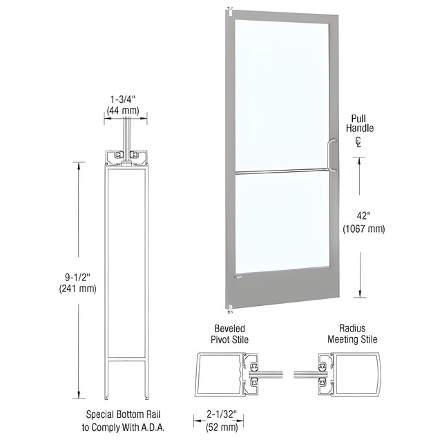 CRL-U.S. Aluminum Clear Anodized 250 Series Narrow Stile Inactive Leaf of Pair 3'0 x 7'0 Offset Hung with Pivots for Surf Mount Closer Complete Door Std. Lock and 9-1/2" Bottom Rail