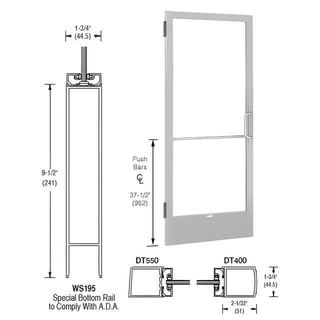 CRL-U.S. Aluminum Clear Anodized 250 Series Narrow Stile Inactive Leaf of Pair 3'0 x 7'0 Offset Hung with Butt Hinges for Surf Mount Closer Complete Door Std. Lock and 9-1/2" Bottom Rail for 1/4" Glass with Standard MS Lock and Bottom Rail