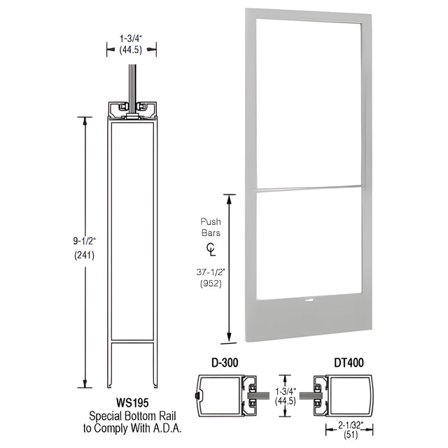 CRL-U.S. Aluminum Clear Anodized 250 Series Narrow Stile Inactive Leaf of Pair 3'0 x 7'0 Center Hung for OHCC w/Standard Push Bars Complete Door Std. Lock & 9-1/2" Bottom Rail