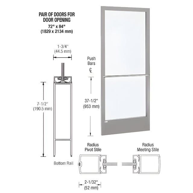 CRL-U.S. Aluminum Clear Anodized 250 Series Narrow Stile Inactive Leaf of Pair 3'0 x 7'0 Center Hung for OHCC w/Standard Push Bars Complete Door / Std. MS Lock, 7-1/2" Std. Bottom Rail
