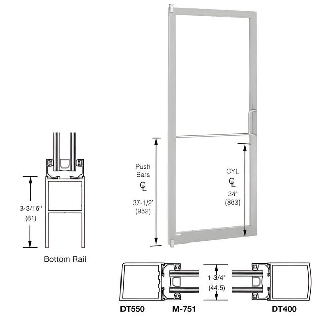 CRL-U.S. Aluminum Clear Anodized 250 Series Narrow Stile Inactive Leaf of Pair 3'0 x 7'0 Offset Hung with Pivots for Surf Mount Closer Complete Door Std. MS Lock and Std. Bottom Rail