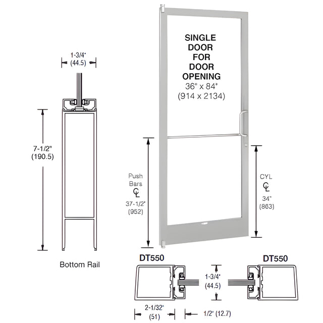 CRL-U.S. Aluminum Clear Anodized 250 Series Narrow Stile (LH R) HLSO Single 3'0 x 7'0 Offset Hung with Pivots for Surf Mount Closer Complete Door for 1" Glass with Standard MS Lock, 7-1/2" Standard Bottom Rail