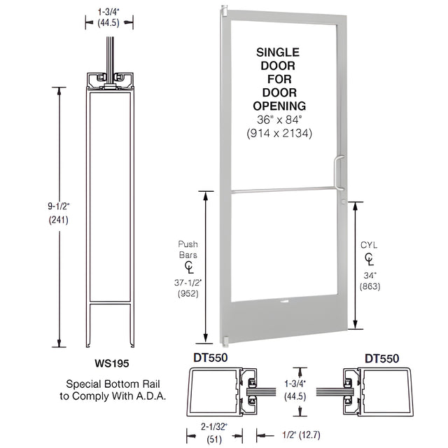 CRL-U.S. Aluminum Clear Anodized 250 Series Narrow Stile (LHR) HLSO Single 3'0 x 7'0 Offset Hung with Pivots for Surface Mount Closer Complete ADA Door, Lock Indicator, Cylinder Guard - for 1" Glazing