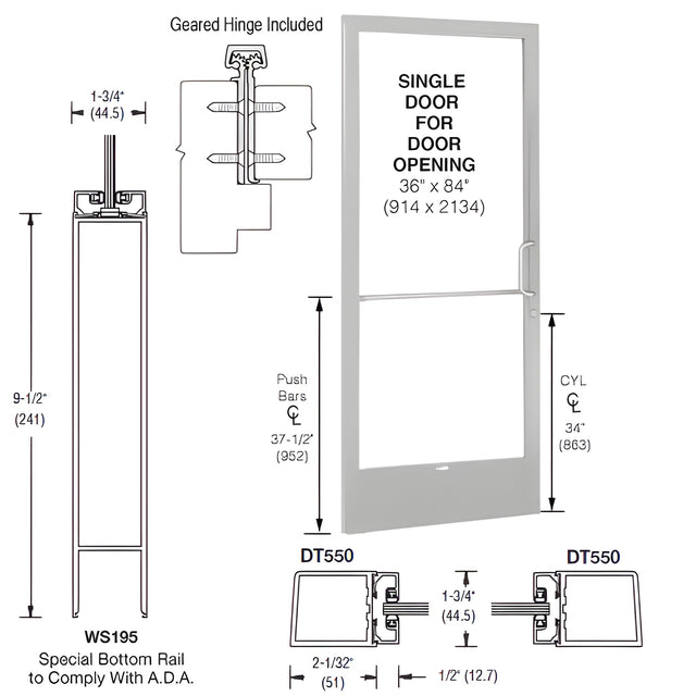 CRL-U.S. Aluminum Clear Anodized 250 Series Narrow Stile (LHR) HLSO Single 3'0 x 7'0 Offset Hung with Geared Hinged Complete ADA Door, Lock Indicator, Cylinder Guard - for 1" Glazing