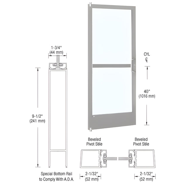 CRL-U.S. Aluminum Clear Anodized 250 Series Narrow Stile (LHR) HLSO Single 3'0 x 7'0 Offset Hung with Pivots for Surf Mount Closer Complete Panic Door for 1" Glass with Standard Panic and 9-1/2" Bottom Rail