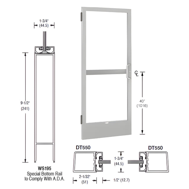 CRL-U.S. Aluminum Clear Anodized 250 Series Narrow Stile (LHR) HLSO Single 3' x 7' Offset Hung with Butt Hinges for Surf Mount Closer Complete Panic Door for 1" Glass with Standard Panic and 9-1/2" Bottom Rail
