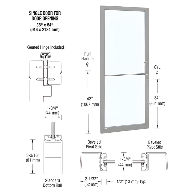CRL-U.S. Aluminum Clear Anodized 250 Series Narrow Stile (LHR) HLSO Single 3'0 x 7'0 Offset Hung with Geared Hinged Complete Door Standard MS Lock and Bottom Rail - For 1" Glass