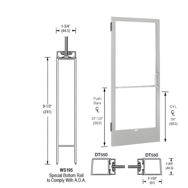 CRL-U.S. Aluminum Clear Anodized 250 Series Narrow Stile (LHR) HLSO Single 3'0 x 7'0 Offset Hung with Butt Hinges for Surf Mount Closer Complete Door for 1" Glass with Standard MS Lock and Bottom Rail
