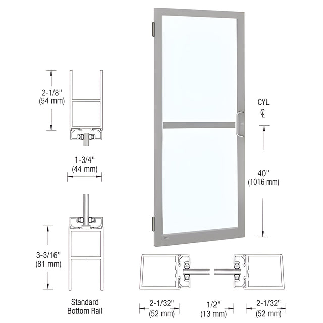 CRL-U.S. Aluminum Clear Anodized 250 Series Narrow Stile (LHR) HLSO Single 3'0 x 7'0 Offset Hung with Butt Hinges for Surf Mount Closer Complete Panic Door for 1" Glass with Standard MS Lock and Bottom Rail