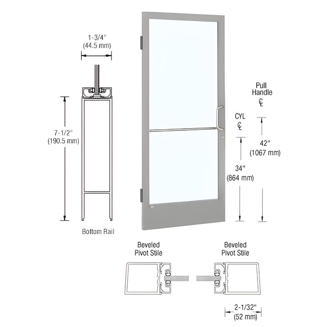 CRL-U.S. Aluminum Clear Anodized 250 Series Narrow Stile (LHR) HLSO Single 3'0 x 7'0 Offset Hung with Butt Hinges for Surf Mount Closer Complete Door for 1" Glass with Standard MS Lock, 7-1/2" Standard Bottom Rail