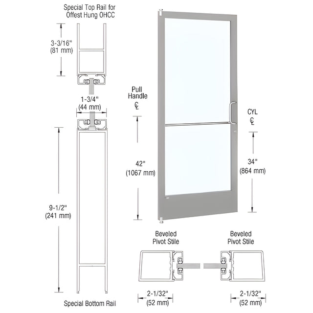 CRL-U.S. Aluminum Clear Anodized 250 Series Narrow Stile (LHR) HLSO Single 3'0 x 7'0 Offset Hung with Offset Pivots for OHCC 105º Closer Complete ADA Door(s) with Lock Indicator, Cylinder Guard