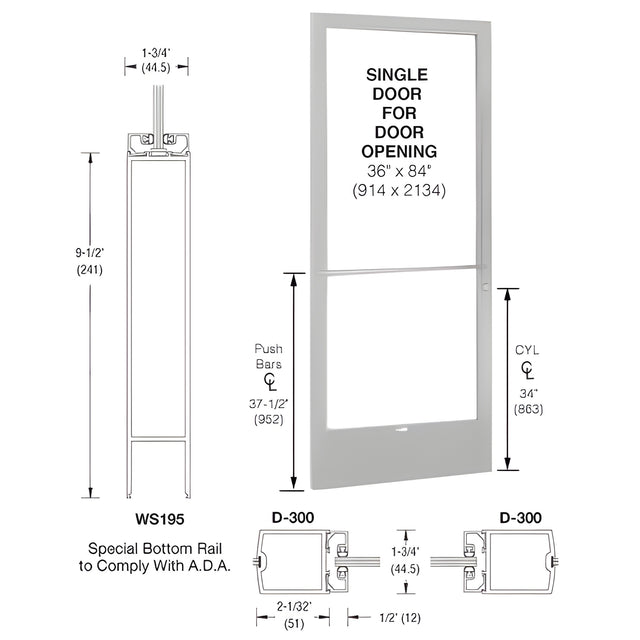 CRL-U.S. Aluminum Clear Anodized 250 Series Narrow Stile (LHR) HLSO Single 3'0 x 7'0 Center Hung for OHCC w/Standard Push Bars Complete ADA Door(s) with Lock Indicator, Cyl Guard