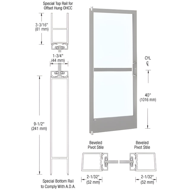 CRL-U.S. Aluminum Clear Anodized 250 Series Narrow Stile (LHR) HLSO Single 3' x 7' Offset Hung with Offset Pivots for OHCC 105 Degree Closer Complete Panic Door with Standard Panic and 9-1/2" Bottom Rail