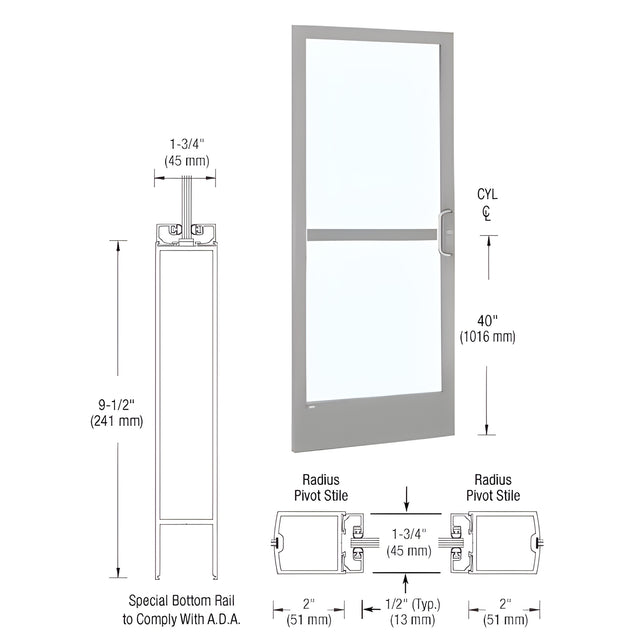 CRL-U.S. Aluminum Clear Anodized 250 Series Narrow Stile (LHR) HLSO Single 3' x 7' Center Hung for OHCC with Standard Push Bars Complete Panic Door with Standard Panic and 9-1/2" Bottom Rail