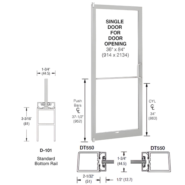 CRL-U.S. Aluminum Clear Anodized 250 Series Narrow Stile (LHR) HLSO Single 3'0 x 7'0 Offset Hung with Pivots for Surf Mount Closer Complete Door Std. MS Lock & Bottom Rail