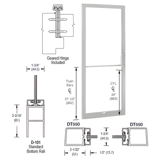 CRL-U.S. Aluminum Clear Anodized 250 Series Narrow Stile (LHR) HLSO Single 3'0 x 7'0 Offset Hung with Geared Hinged Complete Door Standard MS Lock and Bottom Rail - for 1/4" Glass