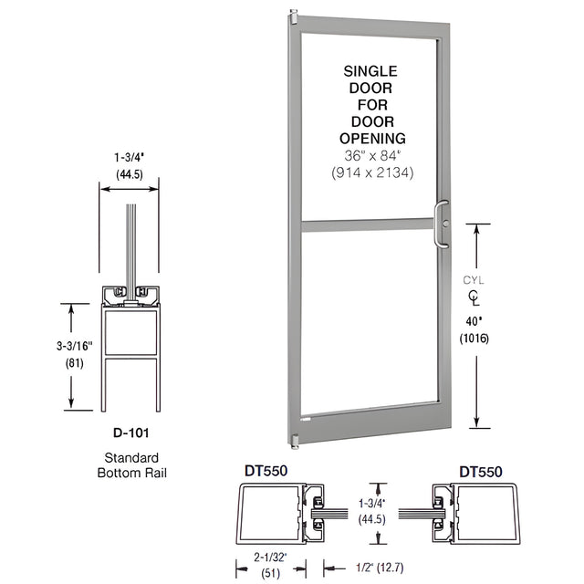 CRL-U.S. Aluminum Clear Anodized 250 Series Narrow Stile (LHR) HLSO Single 3'0 x 7'0 Offset Hung with Pivots for Surf Mount Closer Complete Panic Door with Std. Panic and Bottom Rail