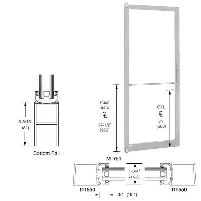 CRL-U.S. Aluminum Clear Anodized 250 Series Narrow Stile (LHR) HLSO Single 3'0 x 7'0 Offset Hung with Pivots for Surf Mount Closer Complete Door Std. MS Lock and Std. Bottom Rail