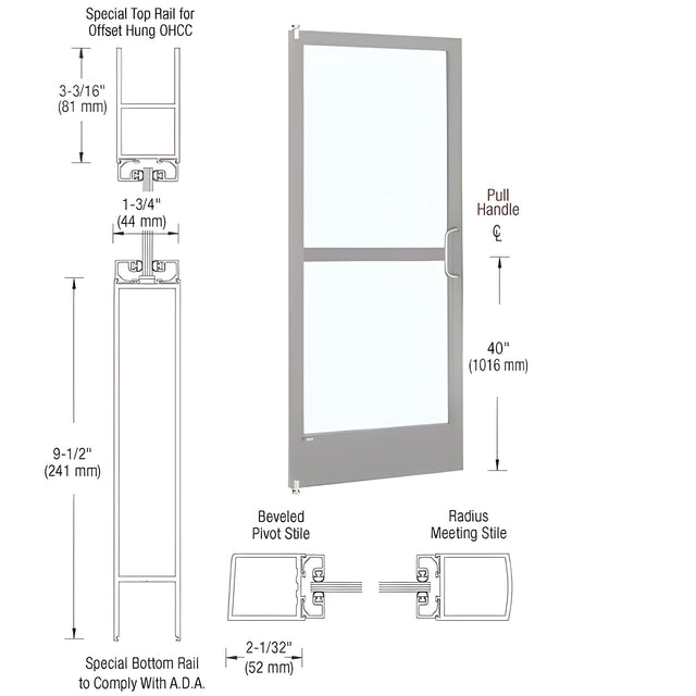 CRL-U.S. Aluminum Clear Anodized 250 Series Narrow Stile Pair 6'0 x 7'0 Offset Hung with Offset Pivots for OHCC 105 Degree Closer Complete Panic Door with Std. Panic & 9-1/2" Bottom Rail