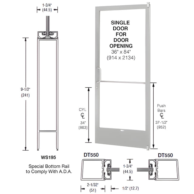 CRL-U.S. Aluminum Clear Anodized 250 Series Narrow Stile (RHR) HRSO Single 3'0 x 7'0 Offset Hung with Pivots for Surface Mount Closer Complete ADA Door, Lock Indicator, Cylinder Guard - for 1" Glazing