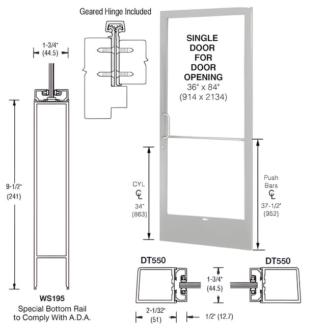 CRL-U.S. Aluminum Clear Anodized 250 Series Narrow Stile (RHR) HRSO Single 3'0 x 7'0 Offset Hung with Geared Hinged Complete ADA Door, Lock Indicator, Cylinder Guard - for 1" Glazing