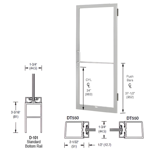 CRL-U.S. Aluminum Clear Anodized 250 Series Narrow Stile (RHR) HRSO Single 3'0 x 7'0 Offset Hung with Butt Hinges for Surf Mount Closer Complete Door for 1" Glass with Standard MS Lock and Bottom Rail