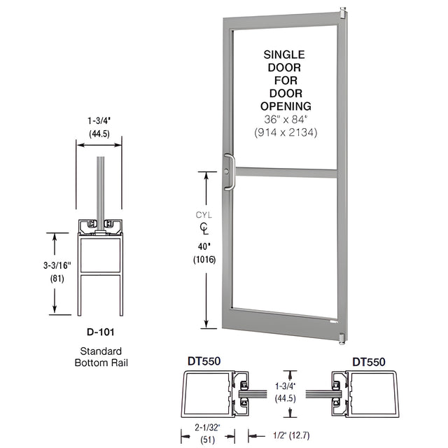 CRL-U.S. Aluminum Clear Anodized 250 Series Narrow Stile (RHR) HRSO Single 3'0 x 7'0 Offset Hung with Pivots for Surf Mount Closer Complete Panic Door for 1" Glass with Standard MS Lock and Bottom Rail