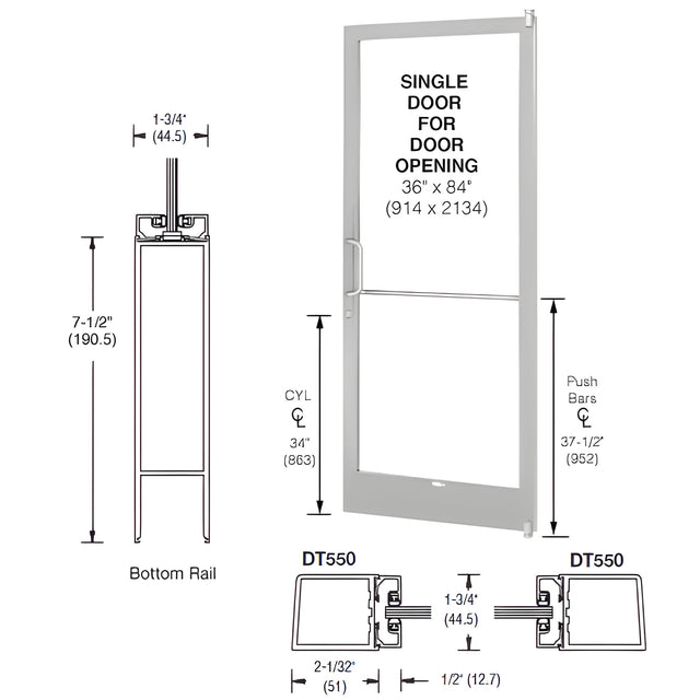 CRL-U.S. Aluminum Clear Anodized 250 Series Narrow Stile (RHR) HRSO Single 3'0 x 7'0 Offset Hung with Pivots for Surf Mount Closer Complete Door for 1" Glass with Standard MS Lock, 7-1/2" Standard Bottom Rail