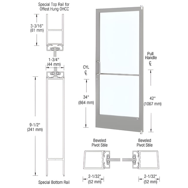 CRL-U.S. Aluminum Clear Anodized 250 Series Narrow Stile (RHR) HRSO Single 3'0 x 7'0 Offset Hung with Offset Pivots for OHCC 105º Closer Complete ADA Door(s) with Lock Indicator, Cyl Guard