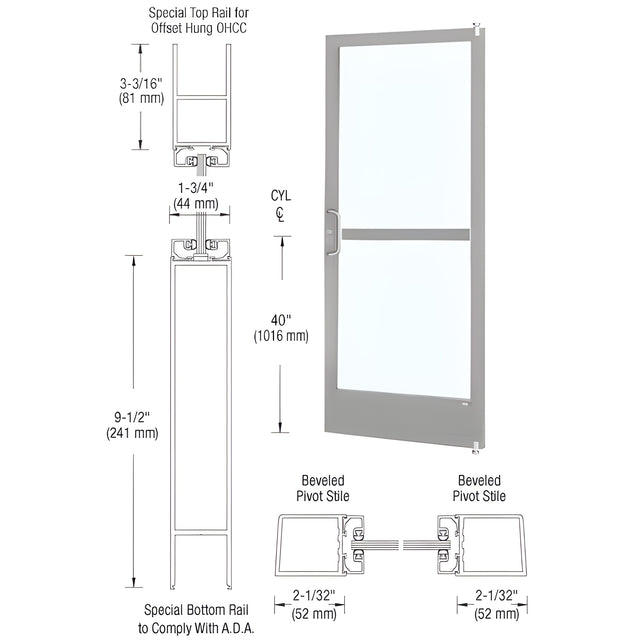 CRL-U.S. Aluminum Clear Anodized 250 Series Narrow Stile (RHR) HRSO Single 3' x 7' Offset Hung with Offset Pivots for OHCC 105 Degree Closer Complete Panic Door with Standard Panic and 9-1/2" Bottom Rail