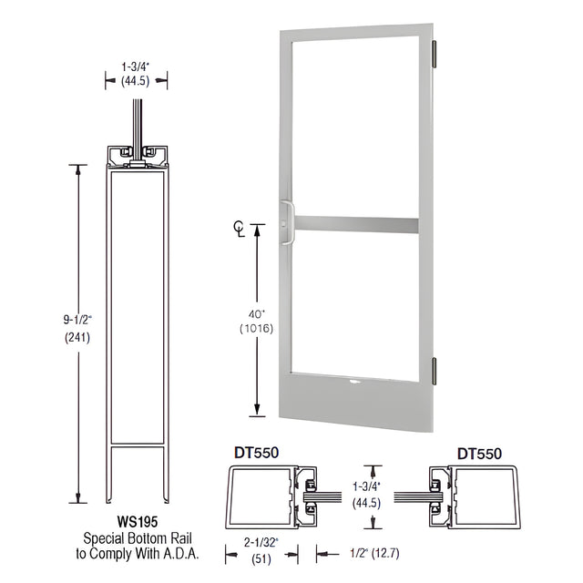 CRL-U.S. Aluminum Clear Anodized 250 Series Narrow Stile (RHR) HRSO Single 3' x 7' Offset Hung with Butt Hinges for Surf Mount Closer Complete Panic Door with Standard Panic and 9-1/2" Bottom Rail