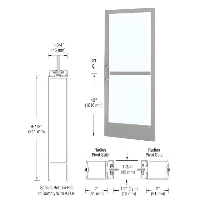 CRL-U.S. Aluminum Clear Anodized 250 Series Narrow Stile (RHR) HRSO Single 3' x 7' Center Hung for OHCC with Standard Push Bars Complete Panic Door with Standard Panic and 9-1/2" Bottom Rail