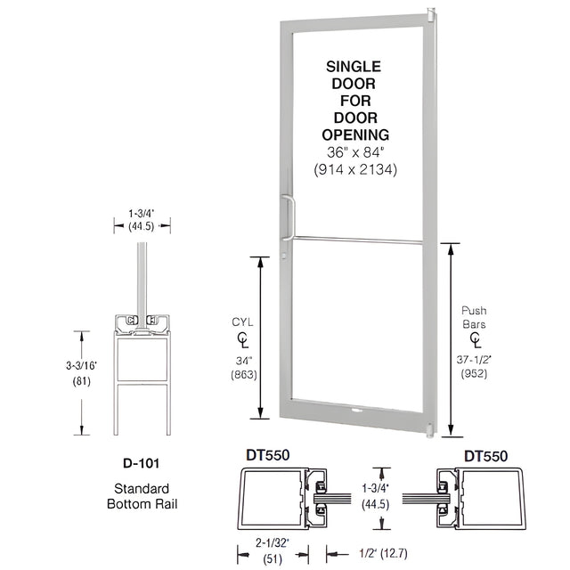 CRL-U.S. Aluminum Clear Anodized 250 Series Narrow Stile (RHR) HRSO Single 3'0 x 7'0 Offset Hung with Pivots for Surf Mount Closer Complete Door Std. MS Lock & Bottom Rail