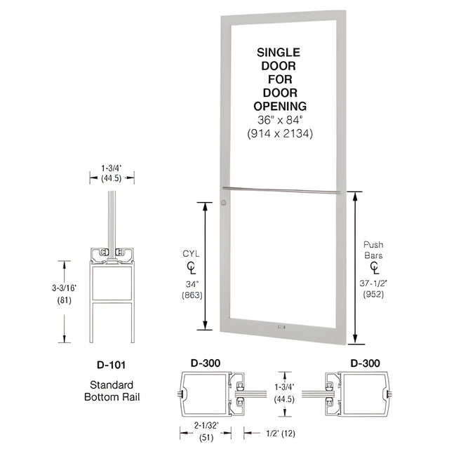 CRL-U.S. Aluminum Clear Anodized 250 Series Narrow Stile (RHR) HRSO Single 3'0 x 7'0 Center Hung for OHCC w/Standard Push Bars Complete Door Std. MS Lock & Bottom Rail